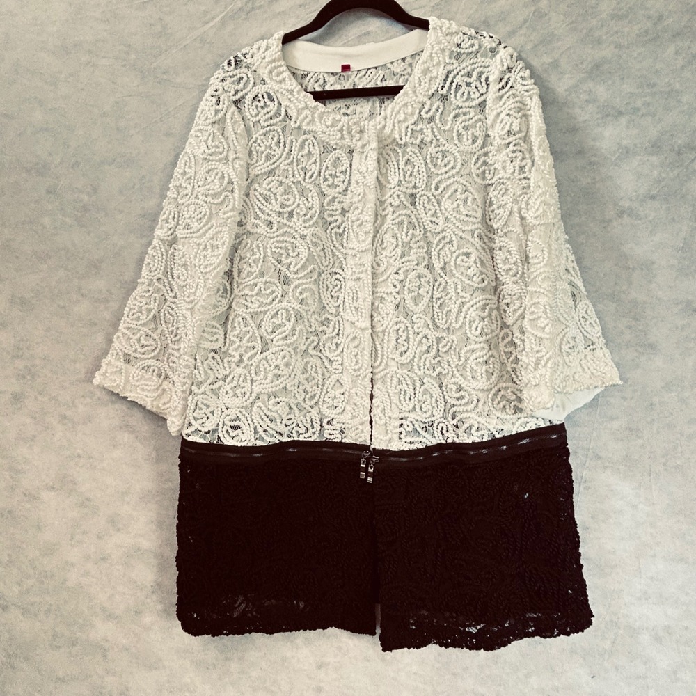 Lace Duster Jacket Black & White‎ Extra Large Bohemian Lace Black Zips Off W XL